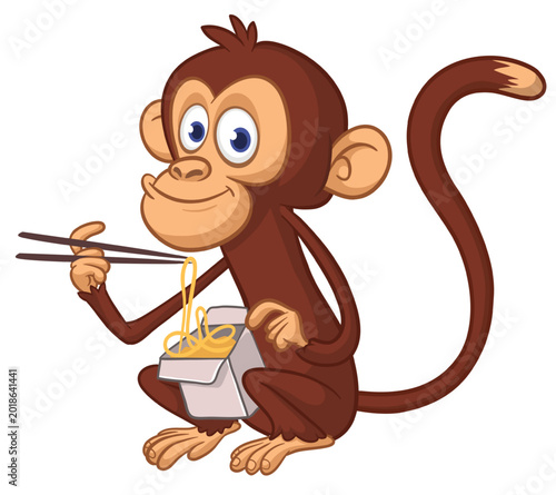 Canvas Print Cartoon funny hungry monkey eating fast food hot noodles or ramen from meal box