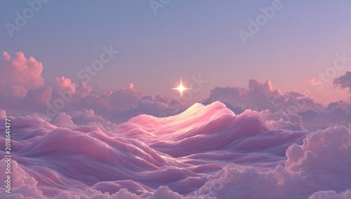 Dreamy Pink Cloudscape with a Radiant Star.