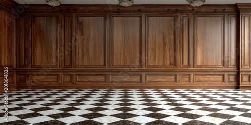 Classic Interior with Dark Wood Paneling and Black and White Checkerboard Floor.