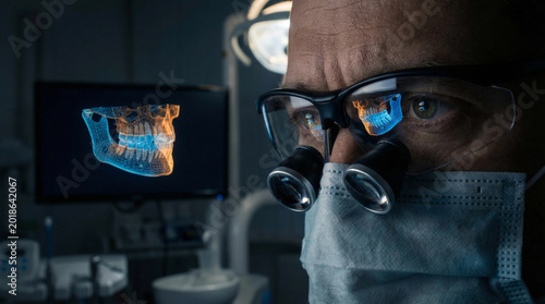 Dentist with Magnification Loupes Analyzing Digital 3D Dental Scan