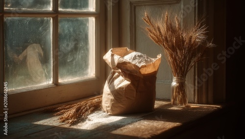 Rustic Still Life of Flour Bag and Wheat Stalks by Window.