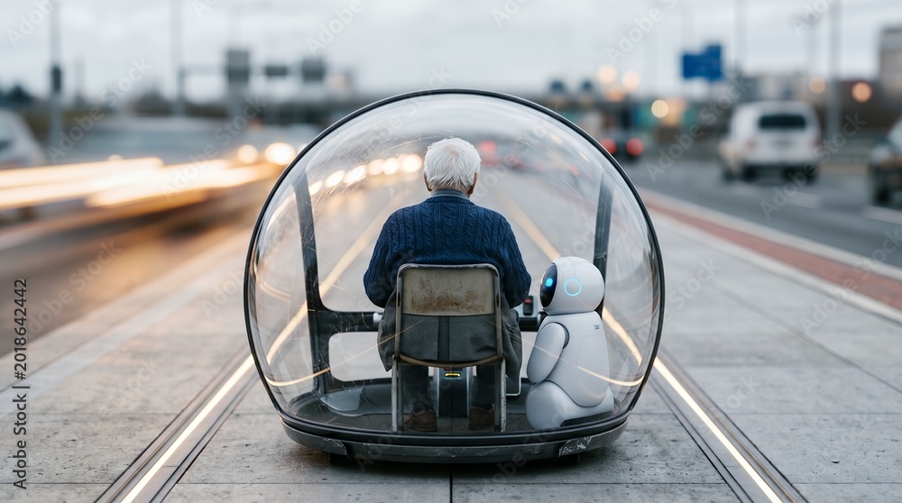 Fototapeta premium Elderly man with robot riding futuristic self-driving vehicle in urban setting.