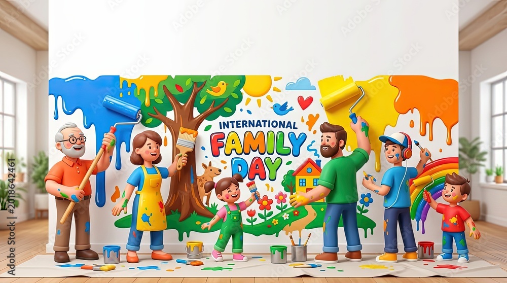 Fototapeta premium Family painting a large mural together for International Family Day
