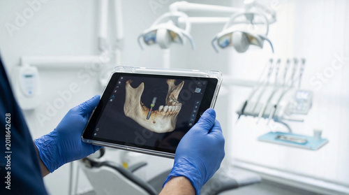 Dentist Holding Tablet Showing 3D Dental Implant Model