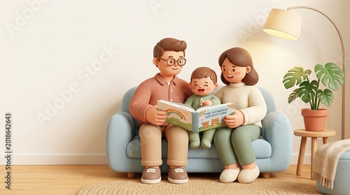 3D Illustration of a Family Reading a Storybook Together on a Sofa