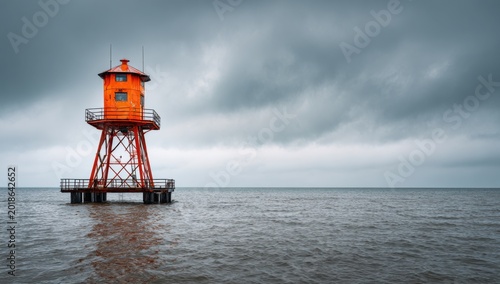 Orange Lighthouse Structure Standing Tall in the Middle of the Ocean Under a Cloudy Sky.