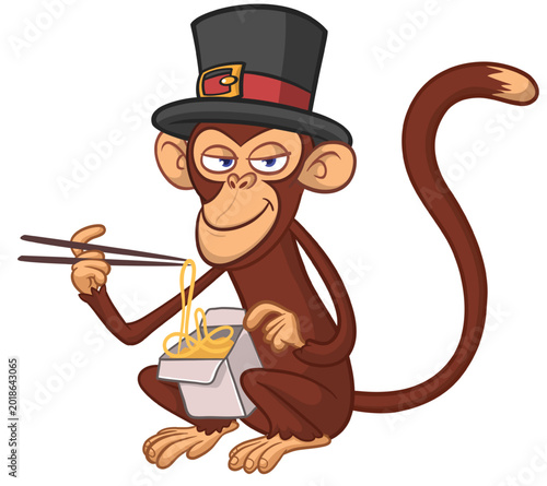 Photography Cartoon funny hungry monkey eating fast food hot noodles or ramen from meal box
