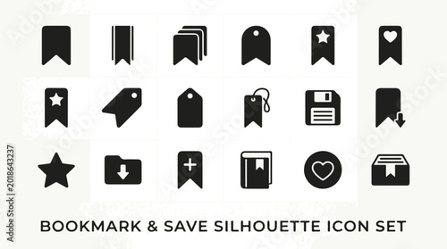 Konstfotografi Minimal black bookmark and save icons set with various shapes and symbols