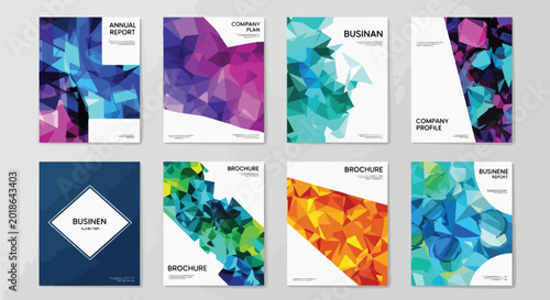 Modern vibrant abstract geometric cover designs with dynamic polygonal shapes in a spectrum of bright colors, concept for annual reports, business brochures and corporate branding