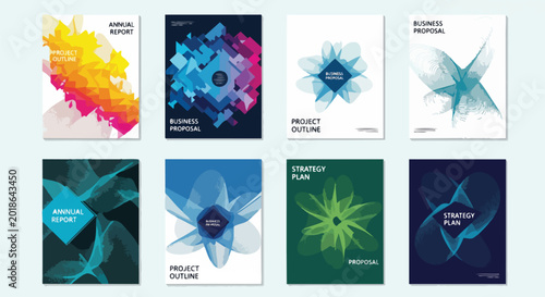 Vibrant abstract geometric shapes and colorful brush strokes on clean white and dark backgrounds, concept for annual report design, business proposal and project outline presentation