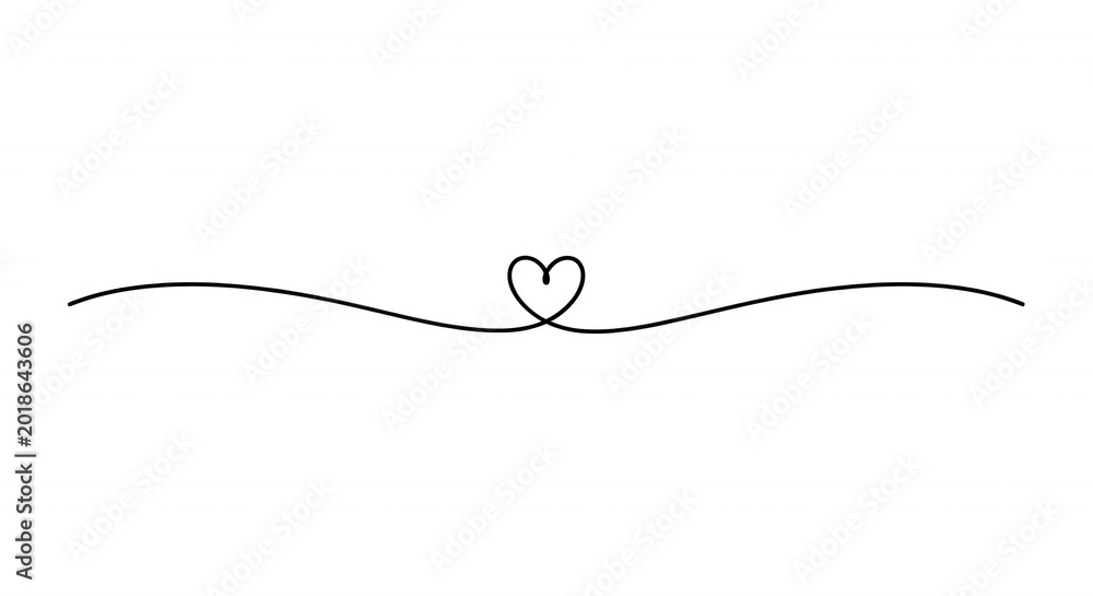 Fototapeta premium Single continuous white line of a heart shape centered on a horizontal wavy flourish against a solid black background