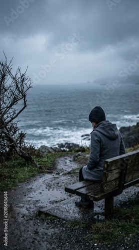 Lonely woman sitting on a bench coastal area landscape photography stormy sky emotional viewpoint reflection on solitude