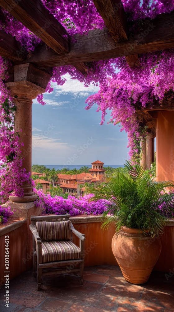Fototapeta premium A delightful balcony offers a cozy chair beside a terracotta pot filled with lush greens