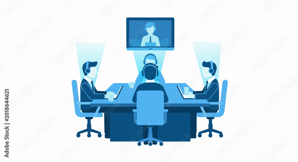 Fototapeta premium Hybrid Business Team Having a Virtual Meeting and Video Conference in a Modern Boardroom, Flat Vector Illustration