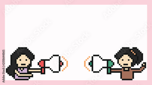 Fotografia Cute background information announce cartoon with woman girl use megaphone shout in 8 bit,speaker,declare,art