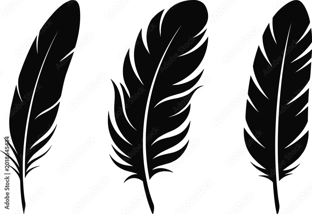 Obraz premium Flat vector illustration of feather silhouettes, decorative bird quill icons, minimal nature art design, modern graphic set, black outline and filled feather styles