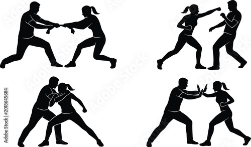 Flat vector illustration of martial arts silhouettes, self‑defense training icons, minimal combat design, modern fitness graphic set, black outline and filled fighting poses
