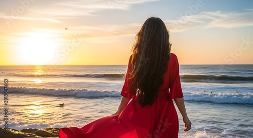 Woman in flowing red dress gazes at brilliant ocean sunset from the shore