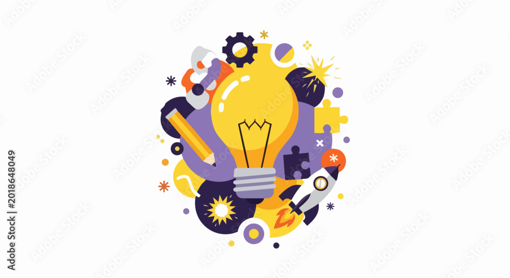 Obraz premium Innovation and Creative Idea Concept Vector Illustration with Lightbulb, Rocket, Gear, and Puzzle Pieces