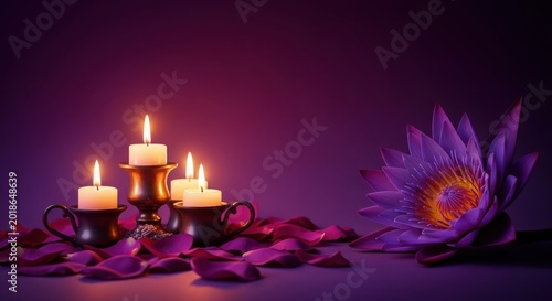 Tranquil scene with lit candles and a purple lotus flower with scattered petals