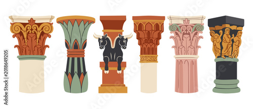 Cuadro en lienzo Ancient architectural columns set, classical pillar designs with historical moti