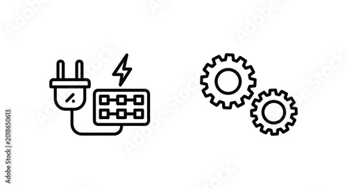 Electrical power grid connection system and gears line icons with connection electricity lightning technology industry engineering mechanism cogwheel illustration industrial mechanical