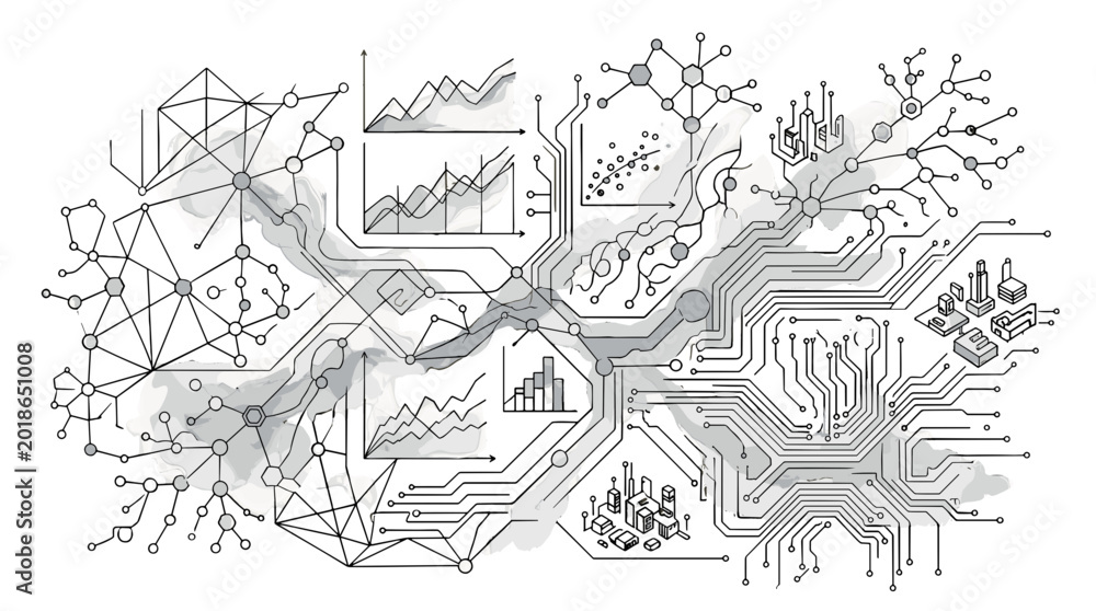 Fototapeta premium Abstract technological network with interconnected circuits and data visuals