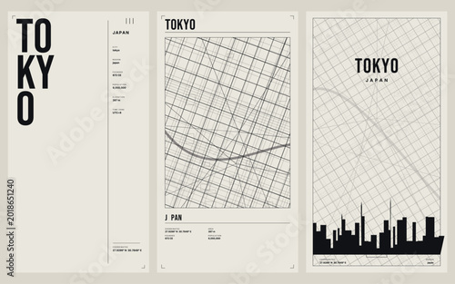 Tokyo japan minimalist city map poster set graphic design vector illustration