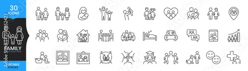 Family Icons Collection, Family Line Icon Set, Parents and Children Vector, People Relationship Symbols, Editable Stroke Family Illustration