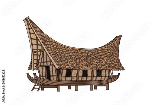 Fotografía Traditional Toraja House with Boat-Shaped Base and Curved Roof