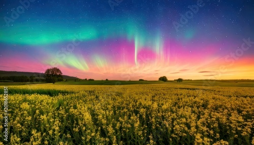 Aurora Borealis over a field of yellow flowers at dusk.