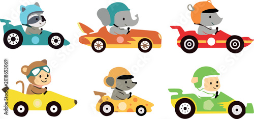 Canvas Print Cute Animal Racing Cartoons Featuring Raccoon, Elephant, Monkey, and More in Col