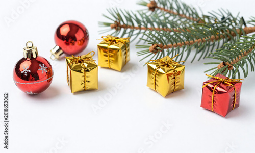 photo colorful christmas decorations including ornaments gift boxes pine branch set plain white