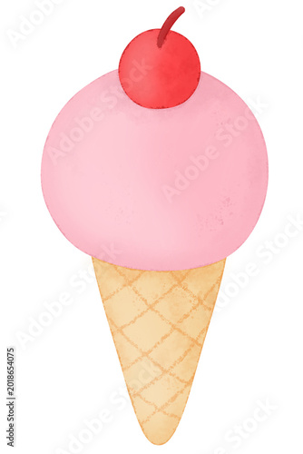 cute scoop of strawberry ice cream cone waffle with cherry fruit watercolor cartoon illustration