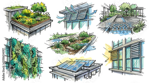 Collection of detailed landscape and architectural sketches with vibrant colors
