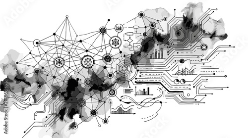 Abstract digital network illustration with interconnected nodes and circuits
