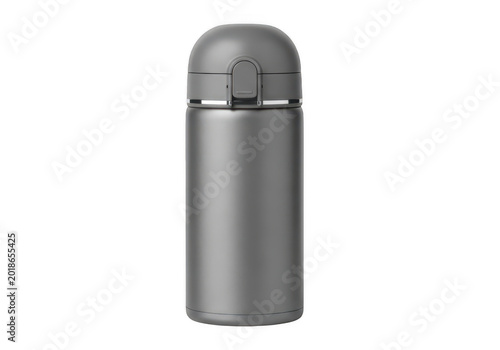 Modern grey stainless steel vacuum flask for hot and cold drinks isolated transparent png.