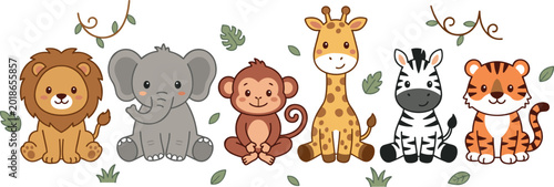 Canvas Print Cute Baby Wild Animals Vector Set with Lion, Elephant, Monkey, Giraffe, Zebra, a