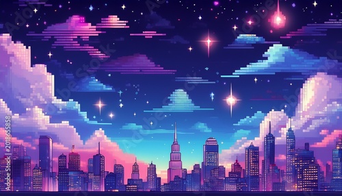 pixel art cityscape shining under night sky with clouds and stars