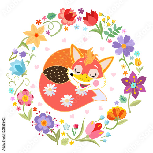 Cute sleeping fox in round floral frame. Beautiful print for cards and covers.
