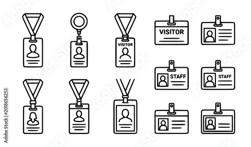 Office staff ID badge and lanyard icons, corporate identification, employee name tag symbols.