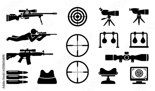 Photography Sniper rifles and optical scopes silhouettes set, military marksman equipment icons