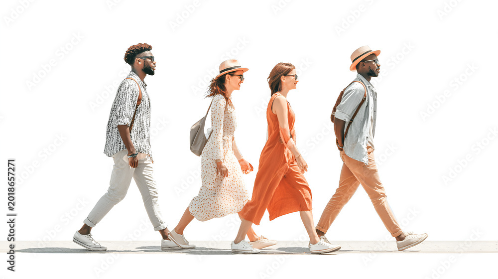 Naklejka premium Group of friends walking together in the street in summer isolated on white and white background background