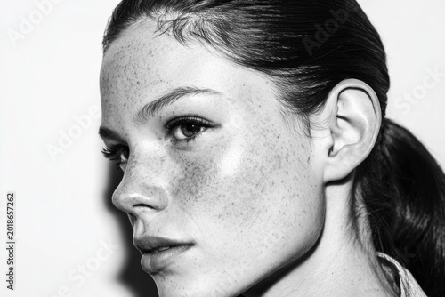 Young woman with clear skin and freckles in black and white portrait, natural beauty and confident expression with hair tied back and soft lighting on face.