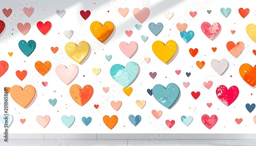 A vibrant seamless pattern of colorful hearts in various sizes and textures, on a clean white background, perfect for Valentine's Day or romantic themes