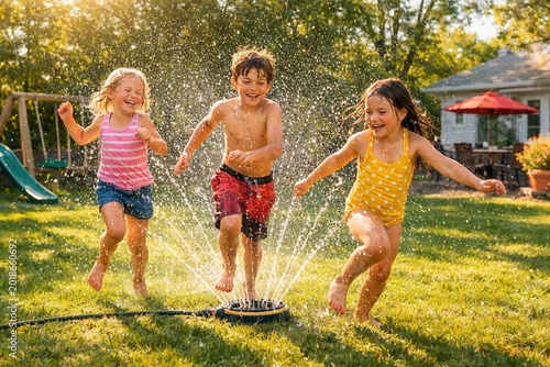 Happy children playing with water sprinkler in backyard garden enjoying fun summer day outdoors