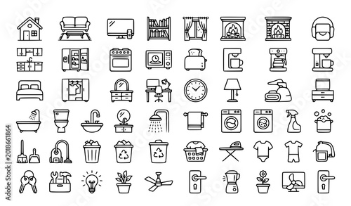 Obraz na płótnie Household appliances and furniture icons set, collection of home interior equipment silhouettes