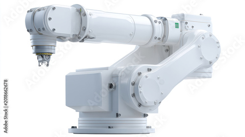 Minimal white robotic industrial arm isolated on clean background representing precision engineering, factory automation, smart manufacturing, and advanced robotics technology. Sleek modern 