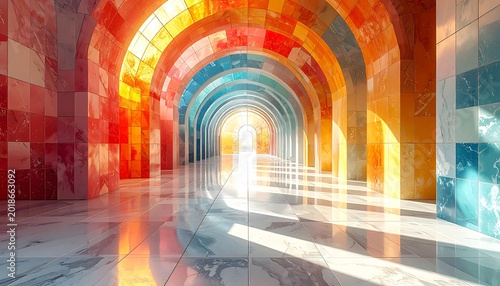 Abstract architectural tunnel with colorful mosaic tiles and bright light streaming through, creating a futuristic and energetic atmosphere