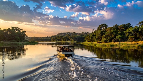 Boat trip on the Amazon River at sunset, surrounded by lush rainforest.